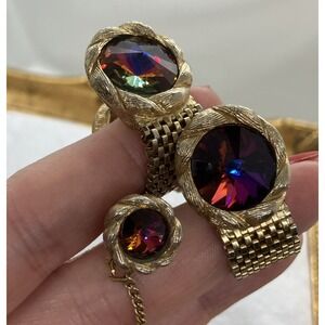 Vtg. 1960s Swank Mesh Cufflinks & Tie Pin Rivoli AB Stones Fold Over MCM Estate